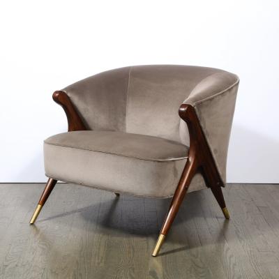  Karpen of California Mid Century Lounge Chair in Walnut Velvet with Brass Detailing by Karpen