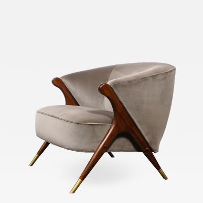  Karpen of California Mid Century Lounge Chair in Walnut Velvet with Brass Detailing by Karpen