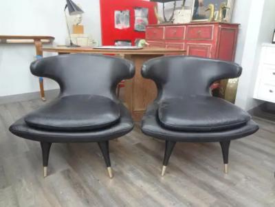  Karpen of California Pair of Italian Modern Curved Back Chairs Upholstered in Black Leather