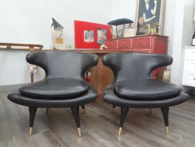 Karpen of California Pair of Italian Modern Curved Back Chairs Upholstered in Black Leather