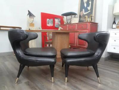  Karpen of California Pair of Italian Modern Curved Back Chairs Upholstered in Black Leather
