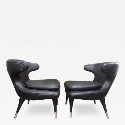  Karpen of California Pair of Italian Modern Curved Back Chairs Upholstered in Black Leather