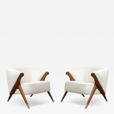  Karpen of California Pair of Mid Century Lounge Chairs in Walnut Fabric w Brass Sabots by Karpen