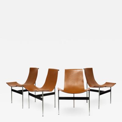  Katavolos Littel Kelly Laverne Set of Four T Chairs in Stainless Steel and Brown Leather 1950s