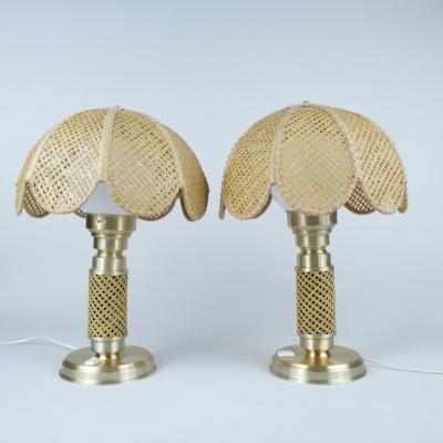  Ker Lux Nostalgic Pair of Boho Table Lamps by Ker Lux Brass Rattan Finland 1980s