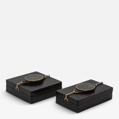  Kifu Paris Kifu Augousti Set of 2 Boxes in Oak with Semi Precious Stone and Brass by Kifu Paris