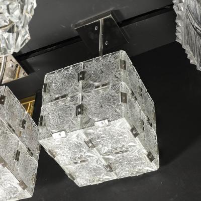  Kinkedey Mid Century Pressed Glass Nickel Cube Form Pendant Chandeliers by Kinkedey