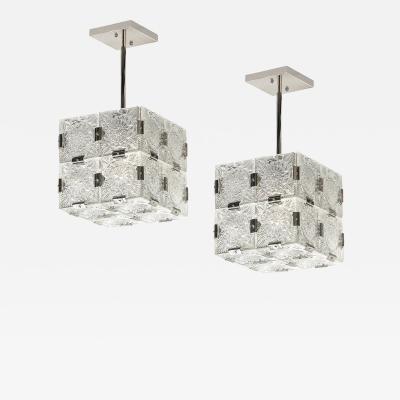  Kinkedey Mid Century Pressed Glass Nickel Cube Form Pendant Chandeliers by Kinkedey