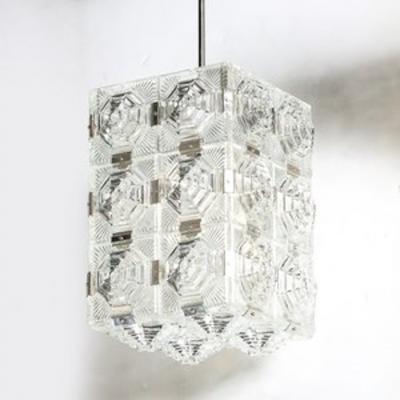  Kinkeldey Mid Century Glass Chrome Fitted Rectangular Pendant Chandelier by Kinkeldey