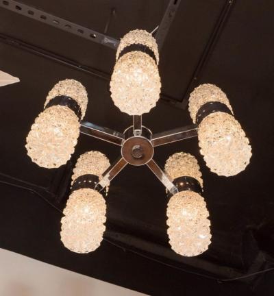  Kinkeldey Mid Century Modernist Chandelier by Kinkeldey in Chrome and Textured Glass