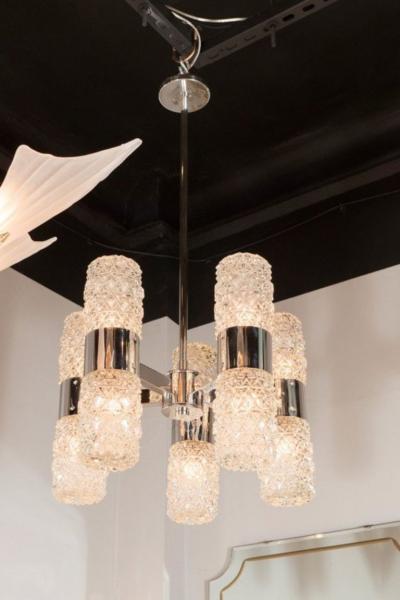  Kinkeldey Mid Century Modernist Chandelier by Kinkeldey in Chrome and Textured Glass