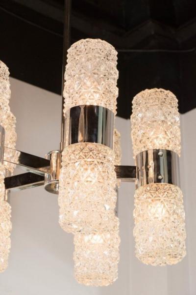  Kinkeldey Mid Century Modernist Chandelier by Kinkeldey in Chrome and Textured Glass