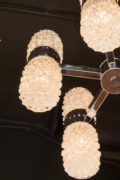 Kinkeldey Mid Century Modernist Chandelier by Kinkeldey in Chrome and Textured Glass