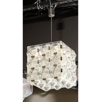  Kinkeldey Mid Century Modernist Glass Chrome Fitted Pendant Chandelier by Kinkeldey