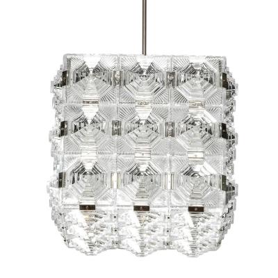  Kinkeldey Mid Century Modernist Glass Chrome Fitted Pendant Chandelier by Kinkeldey