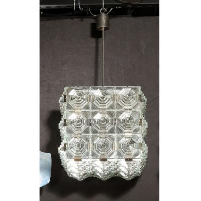  Kinkeldey Mid Century Modernist Glass Chrome Fitted Pendant Chandelier by Kinkeldey