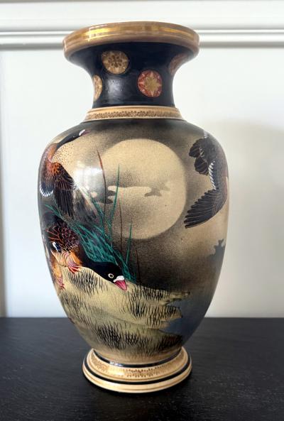  Kinkozan Large Japanese Ceramic Vase with Flying Autunm Geese by Kinkozan Studio