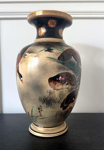  Kinkozan Large Japanese Ceramic Vase with Flying Autunm Geese by Kinkozan Studio