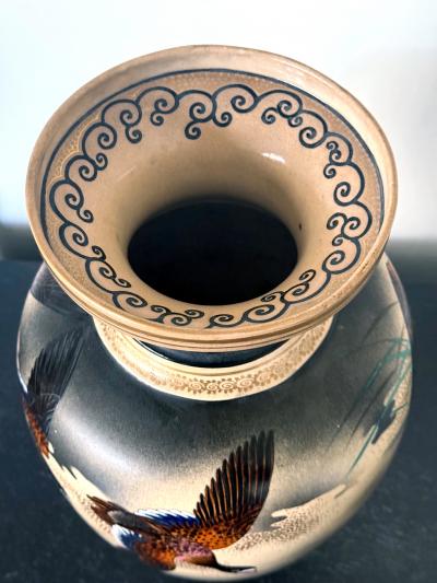  Kinkozan Large Japanese Ceramic Vase with Flying Autunm Geese by Kinkozan Studio