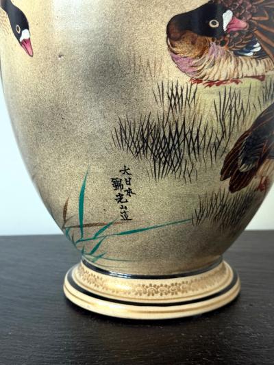  Kinkozan Large Japanese Ceramic Vase with Flying Autunm Geese by Kinkozan Studio