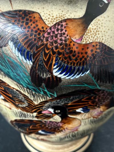  Kinkozan Large Japanese Ceramic Vase with Flying Autunm Geese by Kinkozan Studio