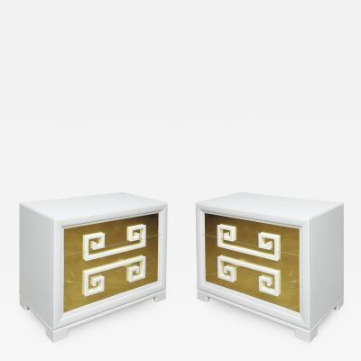  Kittinger Furniture Co Kittinger Greek Key Chests in White Lacquer with Brass Clad Drawer Fronts