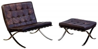  Knoll Four Barcelona Chrome and Leather Chairs and Ottomans by Mies van der Rohe