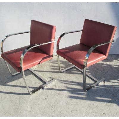  Knoll Mid Century Knoll Mies van der Rohe Brno Stainless Steel Flat Bar Chairs Pair