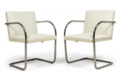  Knoll Mies van der Rohe for Knoll Brno White Leather and Chrome Tube Armchairs