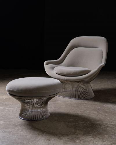  Knoll Warren Platner High Back Easy Chair and Ottoman in Gray Knoll Velvet Nickel