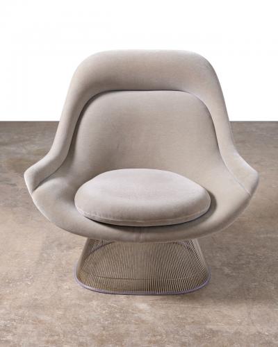  Knoll Warren Platner High Back Easy Chair and Ottoman in Gray Knoll Velvet Nickel