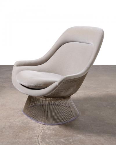  Knoll Warren Platner High Back Easy Chair and Ottoman in Gray Knoll Velvet Nickel