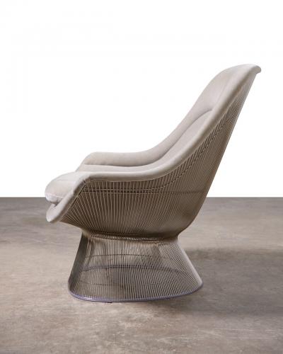  Knoll Warren Platner High Back Easy Chair and Ottoman in Gray Knoll Velvet Nickel