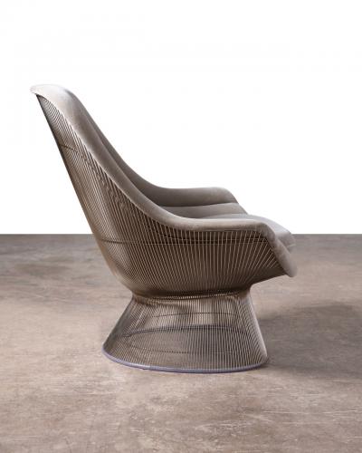  Knoll Warren Platner High Back Easy Chair and Ottoman in Gray Knoll Velvet Nickel