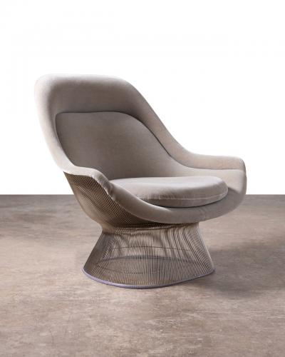 Knoll Warren Platner High Back Easy Chair and Ottoman in Gray Knoll Velvet Nickel