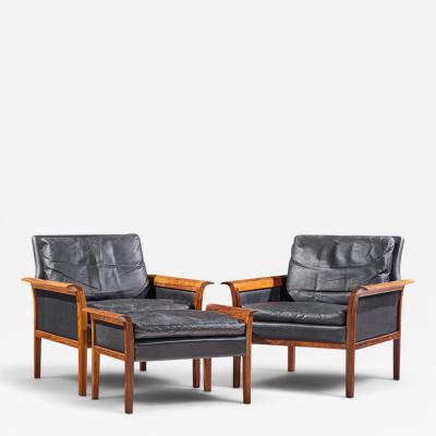  Knut Saeter Knut Saeter Vatne M bler Norwegian Rosewood Leather Chair Pair with Ottoman