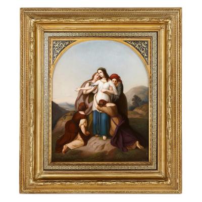  Konigliche Porzellan Manufaktur KPM A very large giltwood framed K P M porcelain plaque of Jephthahs daughter