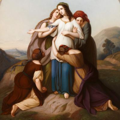  Konigliche Porzellan Manufaktur KPM A very large giltwood framed K P M porcelain plaque of Jephthahs daughter