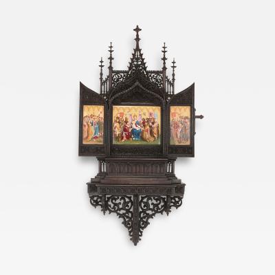  Konigliche Porzellan Manufaktur KPM Gothic revival carved oak and KPM porcelain triptych