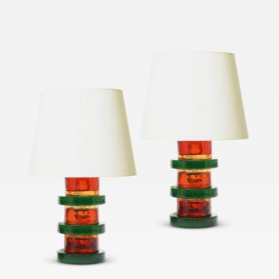  Kosta Boda AB Pair of Table Lamps in Orange and Green Glass by Kosta attrib 