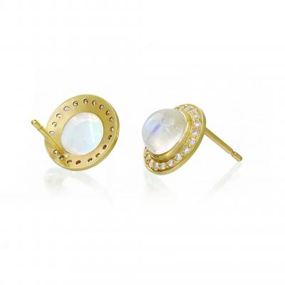  Kothari Rainbow Moonstone Cabochon White Diamond Halo Gold Stud Earrings Kothari 2024