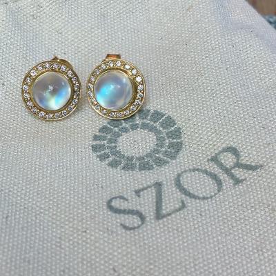  Kothari Rainbow Moonstone Cabochon White Diamond Halo Gold Stud Earrings Kothari 2024