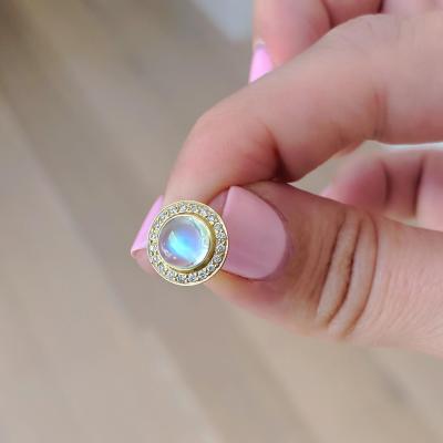  Kothari Rainbow Moonstone Cabochon White Diamond Halo Gold Stud Earrings Kothari 2024