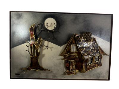  Kovacs ATMOSPHERIC BRUTALIST MIXED METALS HAUNTED HOUSE TREE WITH MOON WALL SCULPTURE