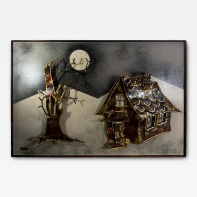 Kovacs ATMOSPHERIC BRUTALIST MIXED METALS HAUNTED HOUSE TREE WITH MOON WALL SCULPTURE