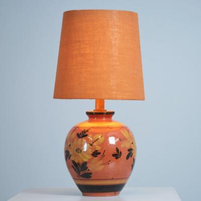  Kupittaan Savi Sizable Ceramic Table Lamp Hand Painted Flowers Kupittaan Savi Finland 1940s