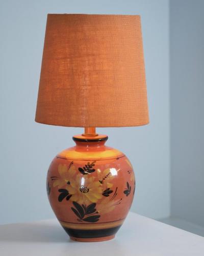  Kupittaan Savi Sizable Ceramic Table Lamp Hand Painted Flowers Kupittaan Savi Finland 1940s