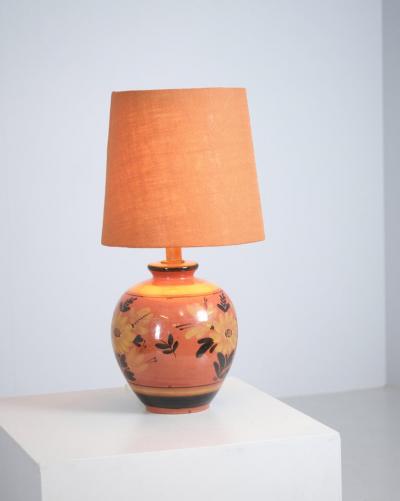  Kupittaan Savi Sizable Ceramic Table Lamp Hand Painted Flowers Kupittaan Savi Finland 1940s