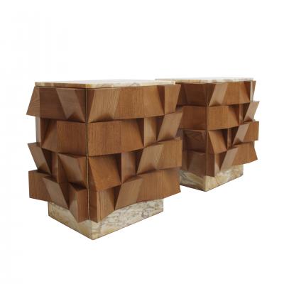  L A Studio L a Studio Pair of Birch Wood and Siena Marble Side Night Tables Italy