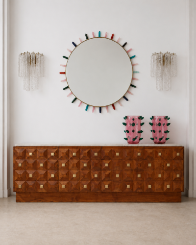  L A Studio Madrid LA Studio Contemporary Round Mirror with Multicolored Semiprecious Stones by L A studio